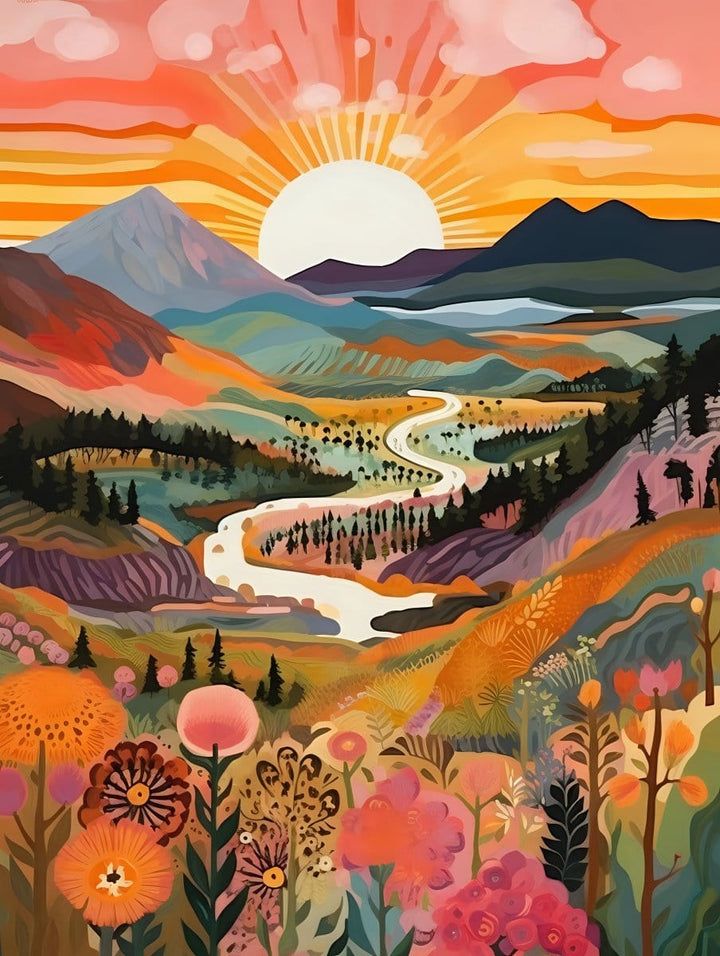 a painting of mountains and flowers with the sun in the background