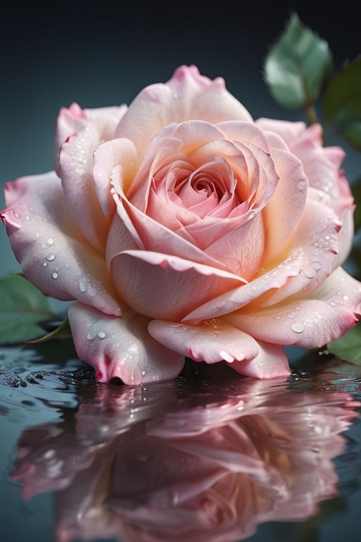 a pink rose with water droplets on it's petals is reflected in the water