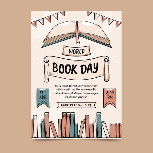 a book day poster with books and pennants on the front, in pastel colors