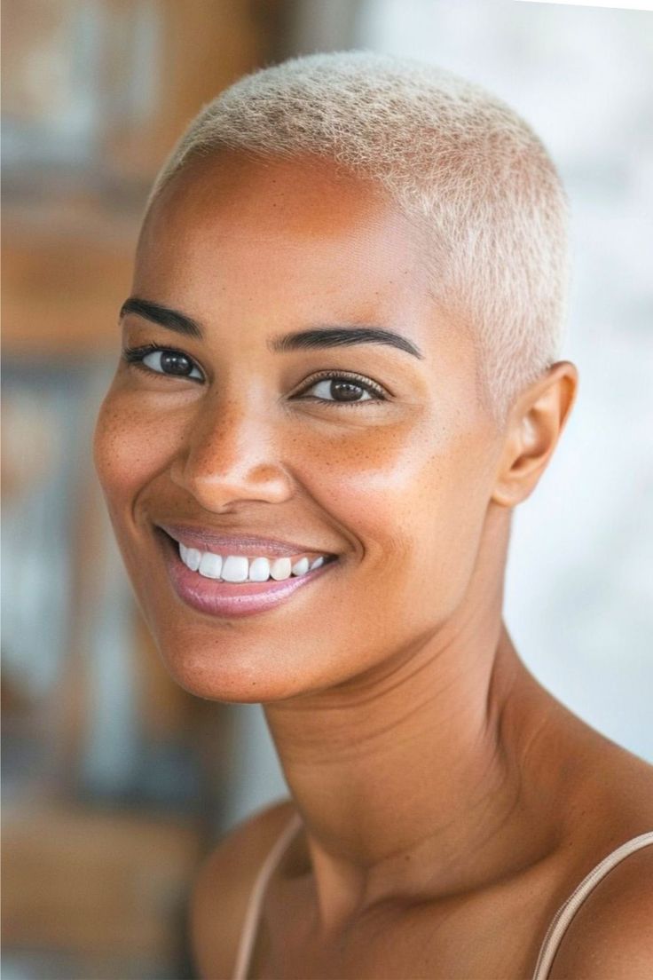 Buzz Cut Short Hairstyle For Women Over 40. Buzzed Blonde Hair Black Women, Short Blonde Haircuts For Women, Short Natural Pixie Haircut Black Women, Short Buzzed Hair Woman, Blonde Buzzcut Woman Black, Women Fade Haircut, Blonde Short Hair Black Women, Very Short Blonde Hair, Feminine Buzz Cut