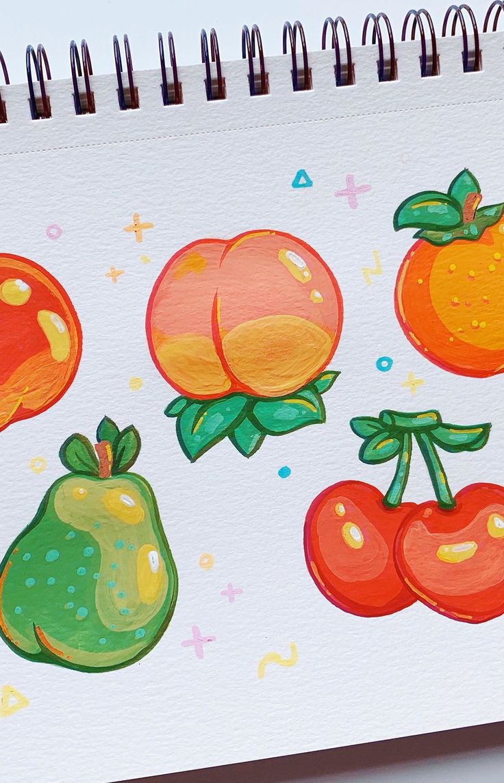 an artist's drawing of fruits and vegetables on a paper with colored pencils