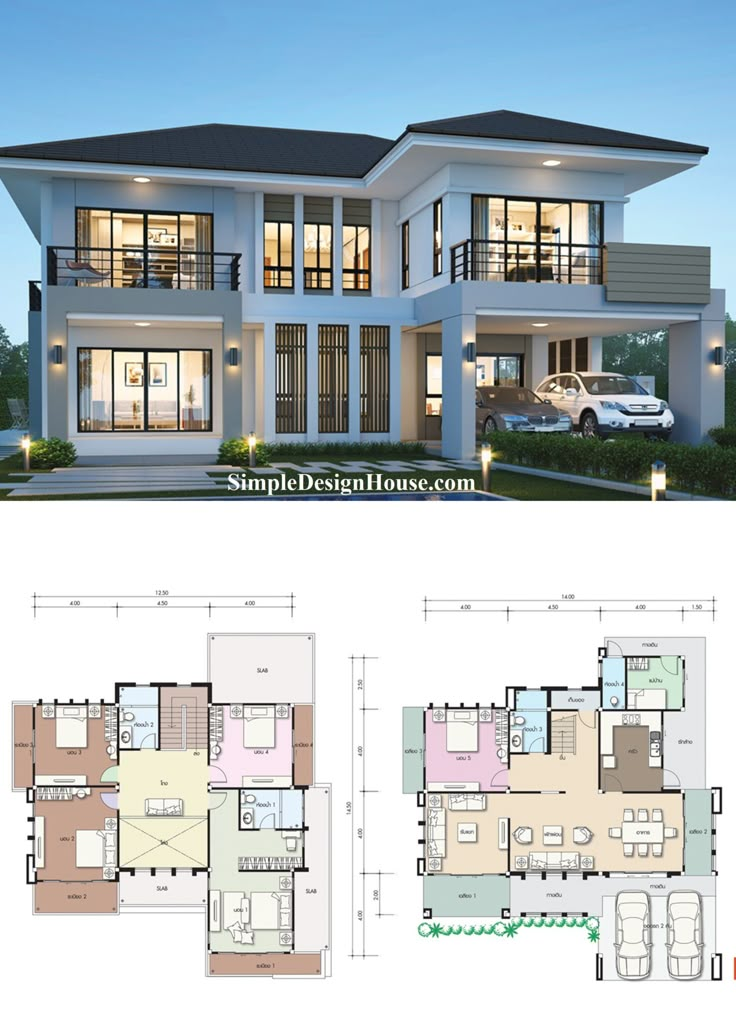 two story house plans with three levels and lots of windows on the second floor, one level