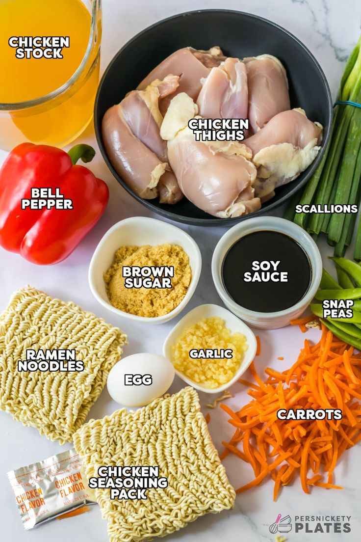 ingredients for chicken broth laid out on a white counter top with text overlay