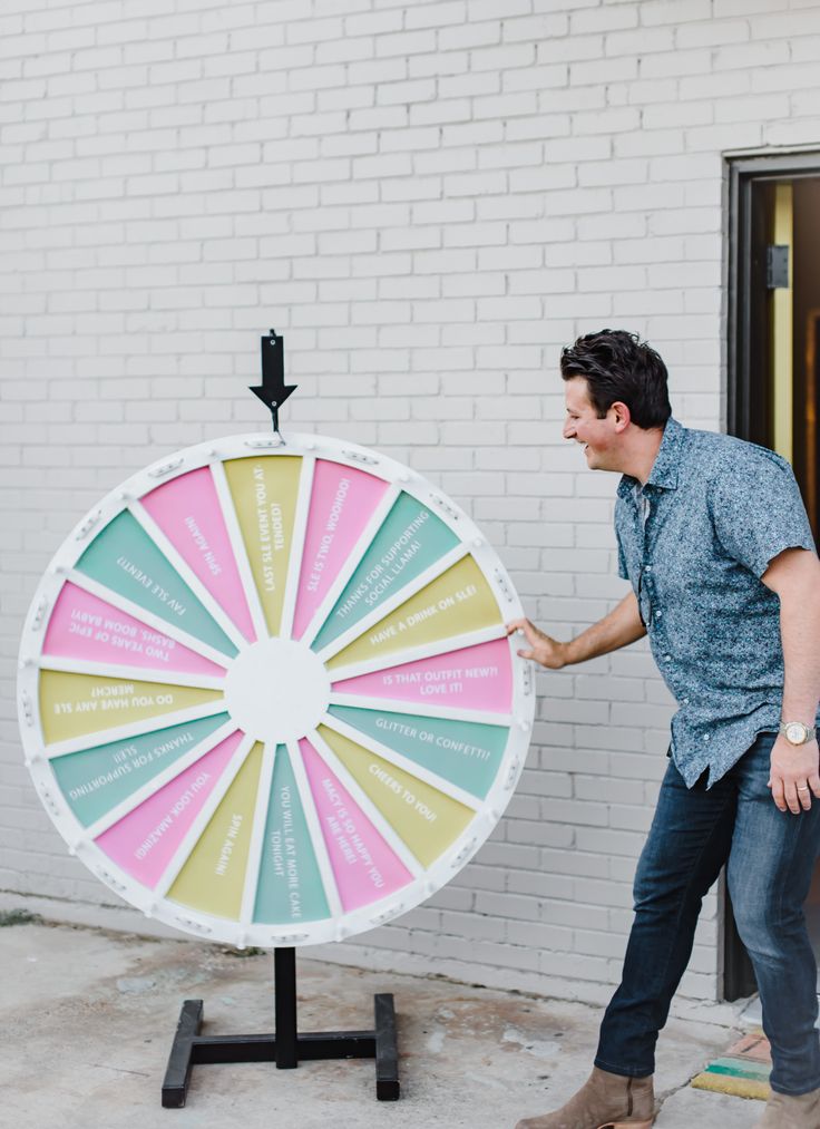 a man standing in front of a wheel of fortune sign with his hand on it