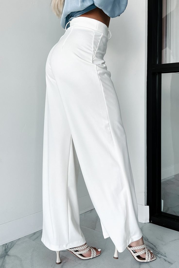 92% POLYESTER, 8% SPANDEX Model Wearing Size Small Color: Off White/Ivory Attached Belt Loops Zipper Fly With Button Clasp Faux Front Pockets Wide Leg Fabric Has Stretch 11.5“ High Rise 31“ Inseam For Model Size Specs Please Check Size Charts Launched: 5/16/24 Outerwear Trends, Casual Bodysuit, Graphic Dress, Basic Dress, Short Mini Dress, Shoes With Jeans, Casual Tank Tops, Working Together, Airport Outfit