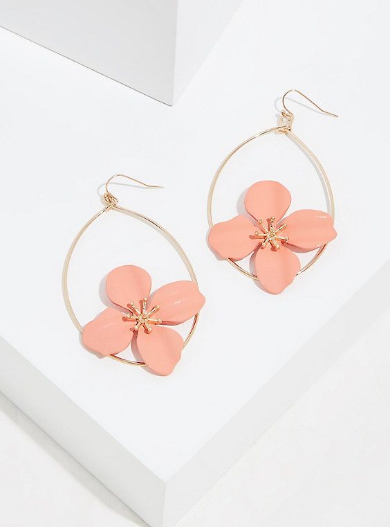 These dropped earrings will put you on display and attract the right kind of attention! With oversized flowers inside a teardrop shape, you're sure to stand out in a crowd. French hook. Base metal. Imported. The best plus size women's gold-tone & peach oversized floral drop earrings in coral. Torrid is your destination for the freshest spring and summer styles. Spring Party Petal-shaped Earrings, Rose Gold Drop Flower Earrings For Spring, Trendy Teardrop Earrings For Spring, Spring Teardrop Flower Earrings For Pierced Ears, Spring Rose Gold Flower Earrings For Pierced Ears, Spring Trendy Teardrop Earrings, Trendy Teardrop Jewelry For Spring, Spring Rose Gold Pierced Earrings, Spring Gift Teardrop Dangle Earrings