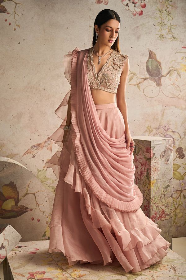 Ridhi Mehra | Femme Dusty Pink Drape Sharara Sari Set | INDIASPOPUP.COM Organza Ruffle Saree, Organza Sharara, Ridhi Mehra, Ruffle Saree, Embroidered Crop Tops, Drape Saree, Ruffle Fabric, Ready To Wear Saree, Sharara Set