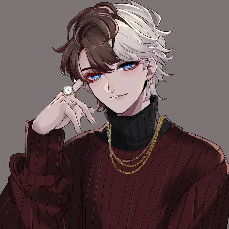 an anime character with white hair and blue eyes wearing a black turtle neck sweater, holding his hand to his ear