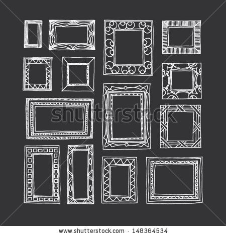 hand drawn frames on blackboard with white chalk paint, set of nine different sizes and shapes