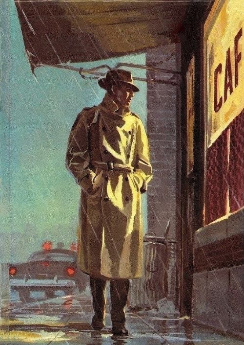 a painting of a man in a trench coat and hat standing on the sidewalk next to a cafe