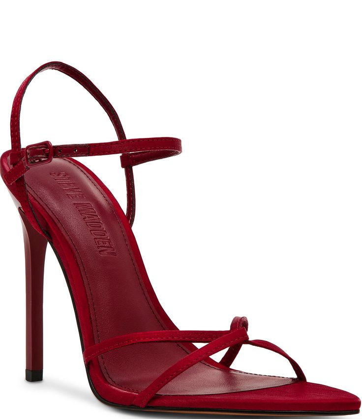 From Steve Madden, the Stellina Satin Strappy Point Toe Dress Sandals feature:Satin fabric upperAnkle strap with adjustable buckle closureSynthetic liningSynthetic outsoleApprox. 4.5" heel heightImported. Prom Shoes Red, Maroon High Heels, Dark Red Heels, Homecoming Heels, Red Bridal Shoes, Red Sandals Heels, Red Strappy Heels, Dr Shoes, Shoes Heels Classy