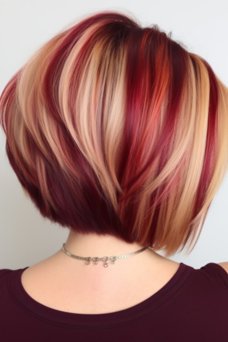 Go for a modern look with an asymmetrical bob in burgundy, complemented by blonde streaks. These streaks add a pop of color to your burgundy tone, while the asymmetry gives it a touch. Click here to check out more stunning burgundy balayage hair ideas trending right now. Highlights With Different Colors, Burgundy On Blonde Hair, Balayage Hair Red And Blonde, Red And Blonde Fall Hair Color, Peekaboo Highlights For Light Brown Hair, Blonde And Red Highlights On Brown Hair Summer Color Trends, Colors That Go With Red Hair, Multi Colored Short Hair, Bob Haircut Color Ideas