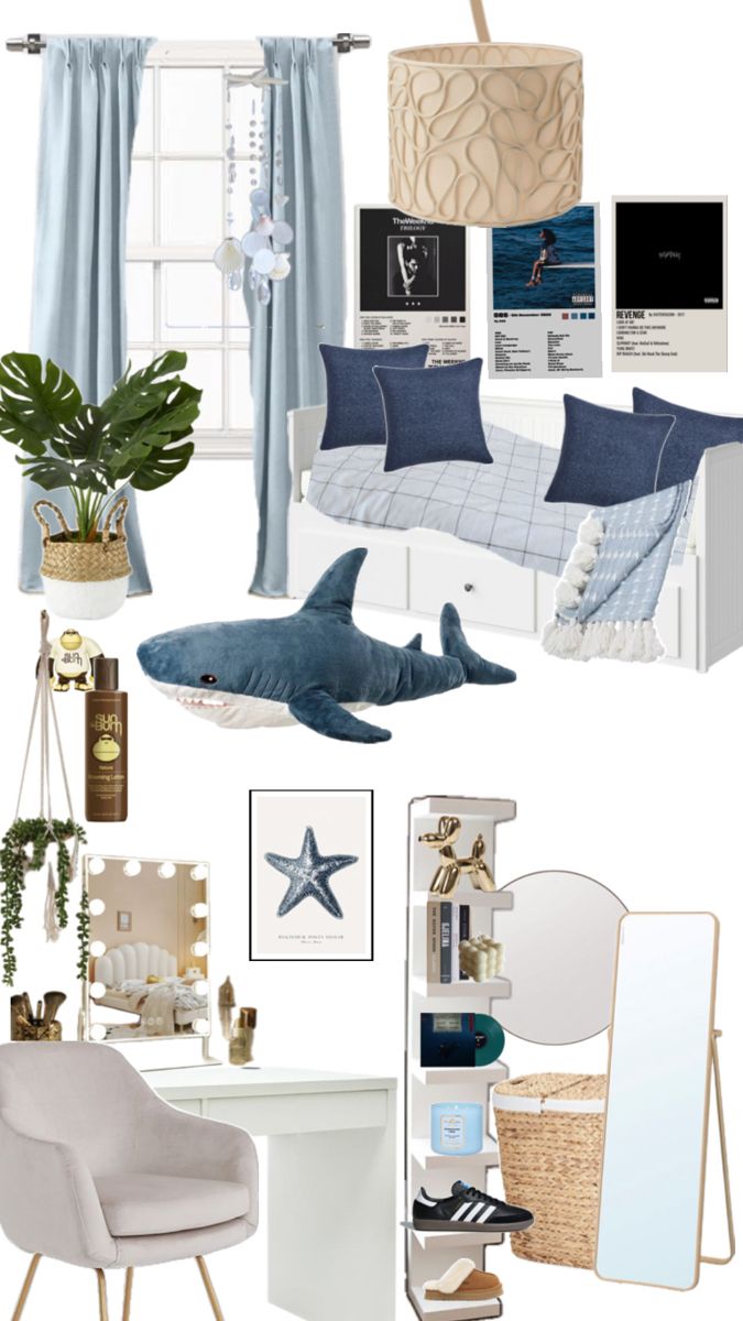 a bedroom with blue and white decor including a bed, desk, chair, mirror and shark