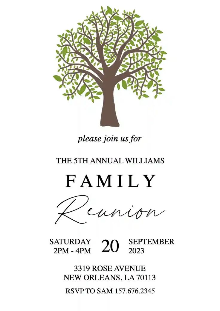 a family reunion flyer with a tree on the front and green leaves on the back