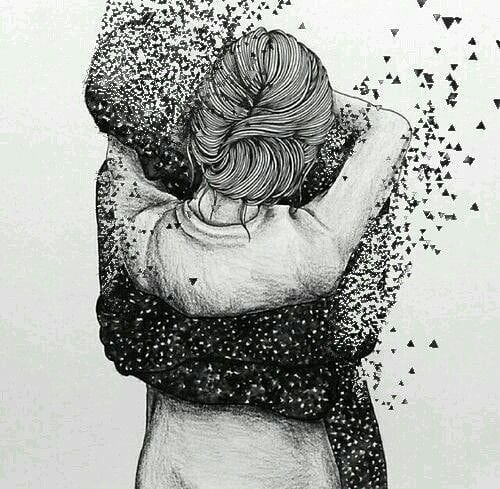 a black and white drawing of a woman hugging her head with stars falling from the sky