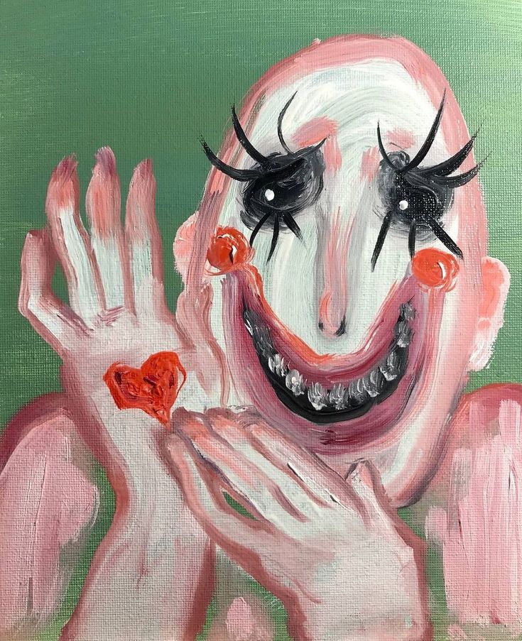 a painting of a creepy clown holding his hands up to the camera with one eye open