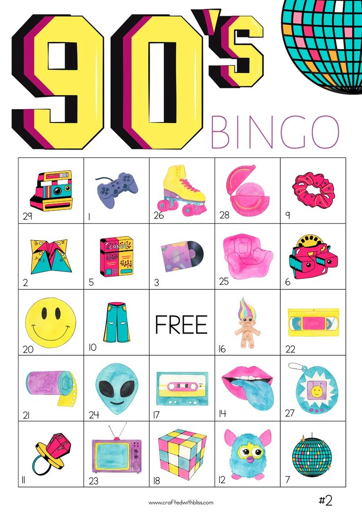 a poster with the words 90's bingo written in different colors and symbols on it