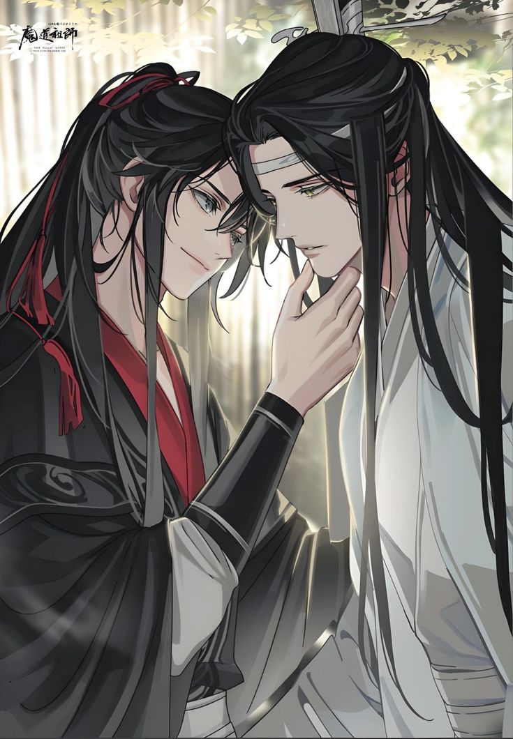 two anime characters with long black hair, one is holding the other's hand