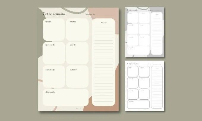 a set of three planner pages on a gray background