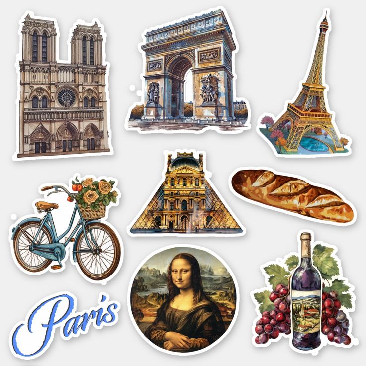 various stickers with pictures of famous buildings and wine bottles on them, including the eiffel tower