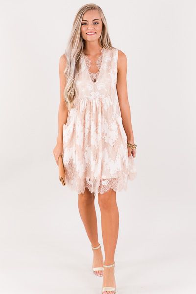 Rose' Lace Dress :: NEW ARRIVALS :: The Blue Door Boutique Beige A-line Lace Dress With Lace Trim, Feminine Sleeveless Mini Dress With Delicate Lace, Chic Beige A-line Lace Dress, Feminine A-line Mini Dress With Lace Trim, Beige Dresses With Scalloped Lace, Fit And Flare A-line Mini Dress With Lace Trim, Beige A-line Lace Dress, Beige Lace Knee-length Dress, Spring Mini Lace Dress With Delicate Lace