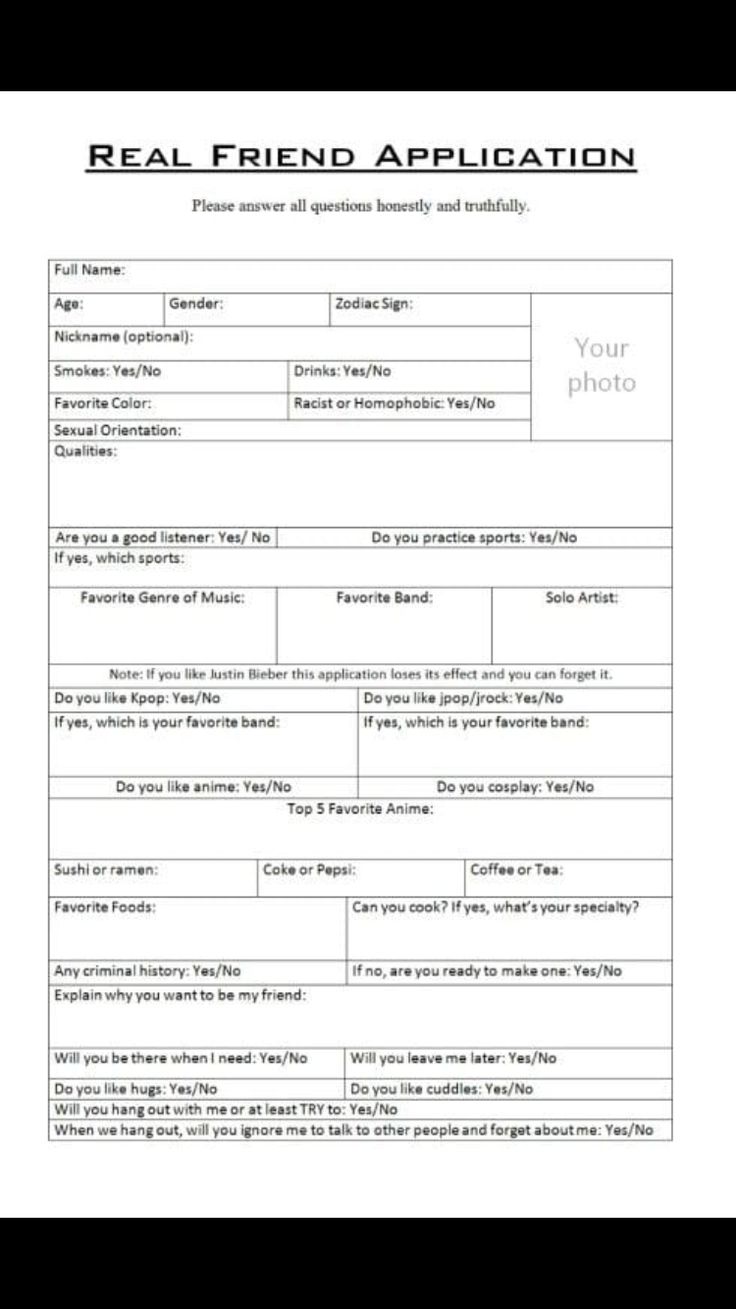 the real friend application form is shown