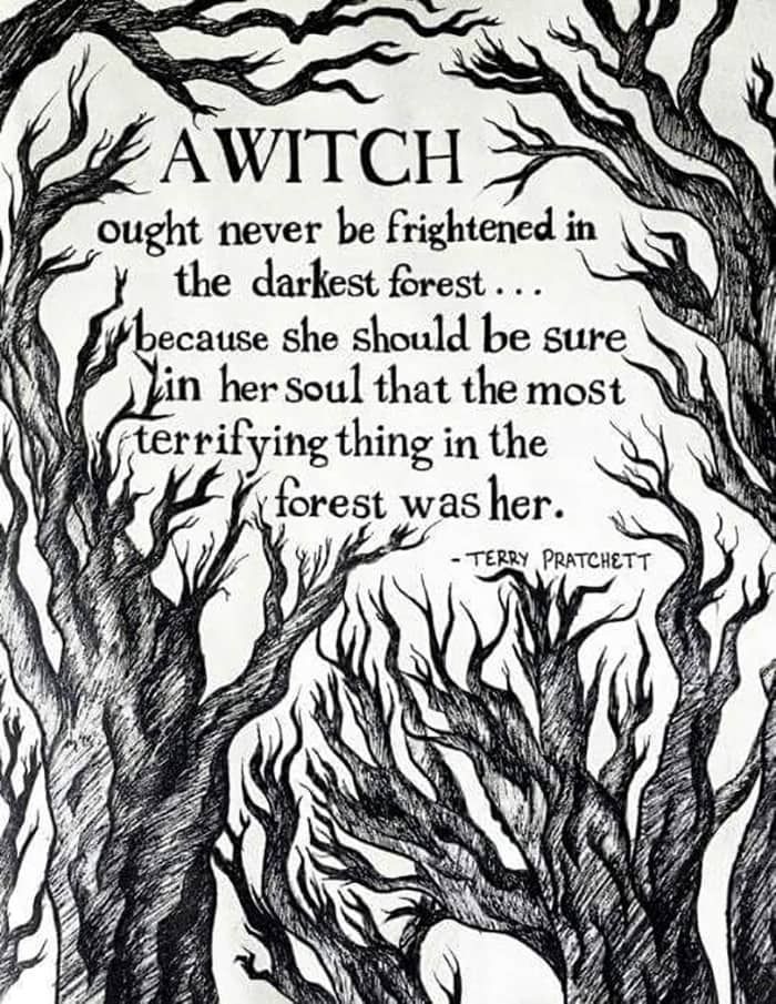 an ink drawing of trees with the quote,'witch might never be frightened in the darkest forest because she should be sure if