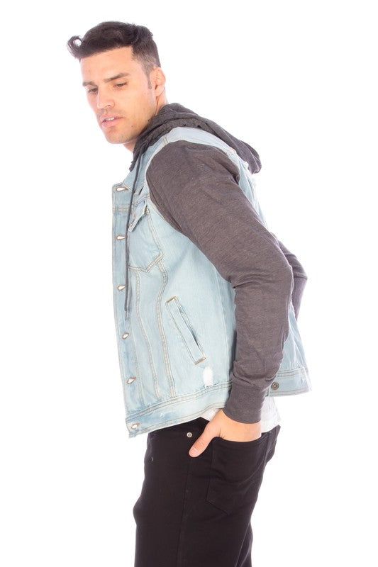 Denim jacket w/ knit sleeves and hood 100% cotton cold wash - tumble dry Winter Denim Hooded Jacket, Spring Denim Washed Hoodie, Spring Washed Denim Hoodie, Hooded Dark Wash Cotton Denim Jacket, Blue Denim Hoodie For Spring, Spring Blue Denim Hoodie, Washed Blue Hooded Outerwear For Streetwear, Hooded Washed Blue Outerwear For Streetwear, Denim Blue Denim Hoodie For Winter