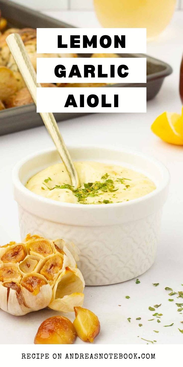 lemon garlic aioli in a white bowl with a spoon