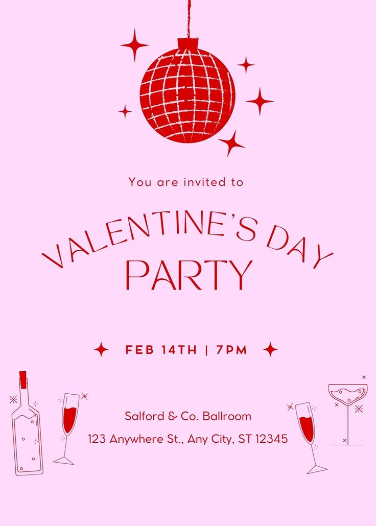 a valentine's day party flyer with wine glasses and an ornament on it