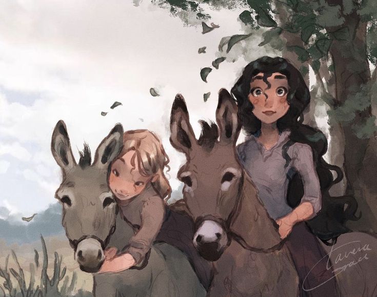 two children are riding donkeys in the woods