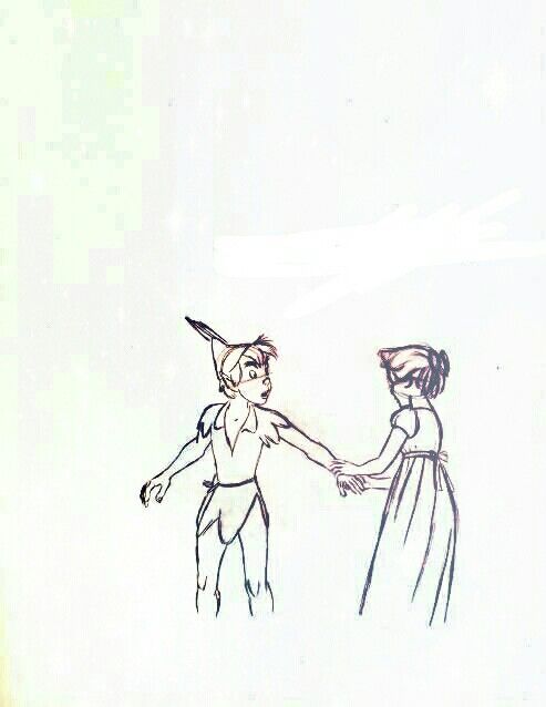 a drawing of two people standing next to each other, one holding the hand of another person