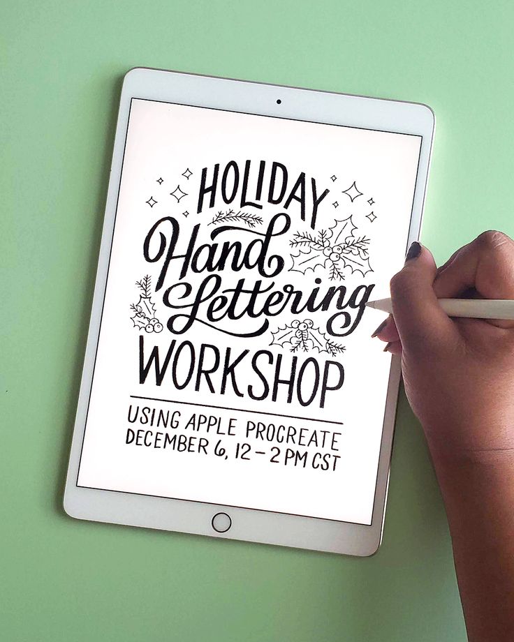 a person is writing on an ipad with a pen in their left hand and the words holiday hand lettering workshop written on the screen