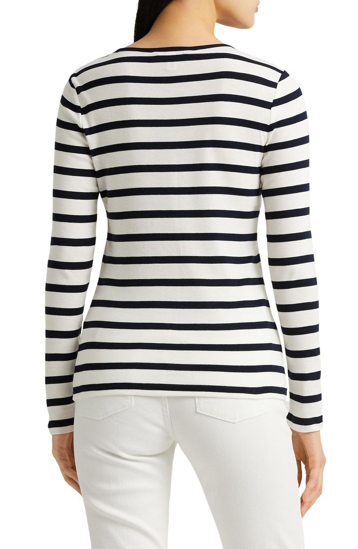 Breton stripes give a bracing look to this trim-fitting cotton-jersey T-shirt. 24 1/2" length (size Medium) Crewneck Long sleeves 100% cotton Machine wash, line dry Imported Classic Cotton Tops With Striped Hem, Casual Fitted Top With Striped Hem, Classic Spring Top With Striped Hem, Classic Crew Neck Tops With Horizontal Stripes, White Cotton Tops With Striped Hem, Classic White Tops With Contrast Stripes, Classic Tops With Striped Collar And Crew Neck, Fitted Cotton Tops With Striped Collar, White Cotton Tops With Horizontal Stripe Pattern