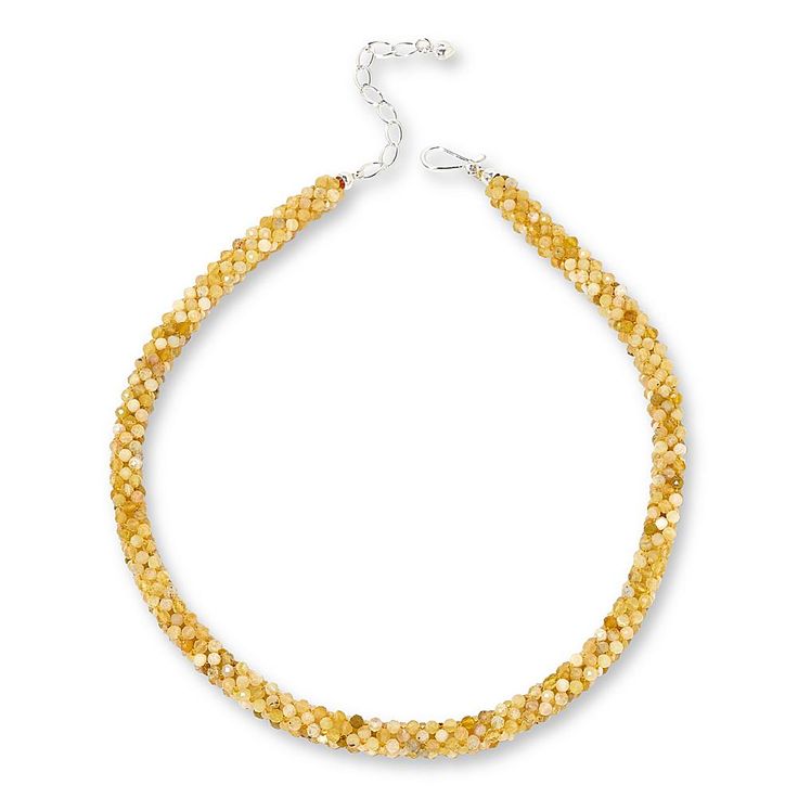 Jay King Yellow Opal Bead Woven Necklace  Tiny, faceted beads of yellow opal, handcrafted into a chic, woven design, give this collar-style necklace a fun, fashionable pop of color and style. From Jay King.       Approx. 18-1/2"L x 5/16"W with 2-3/4" extender     Stamped .925     Hook closure     Necklace has tiny, faceted round beads of yellow opal in woven design   Stone Information       All sizes and weights approximate     Stabilized Yellow Opal - Faceted round (3mm); mined in South Africa Elegant Beaded Citrine Necklaces, Elegant Citrine Beaded Necklaces, Yellow Citrine Jewelry With Faceted Beads, Yellow Necklaces With Faceted Beads, Yellow Necklace With Faceted Beads, Yellow Faceted Beads Round Necklace, Yellow Faceted Beads Beaded Necklace, Yellow Faceted Beaded Necklaces, Yellow Faceted Beads Necklace