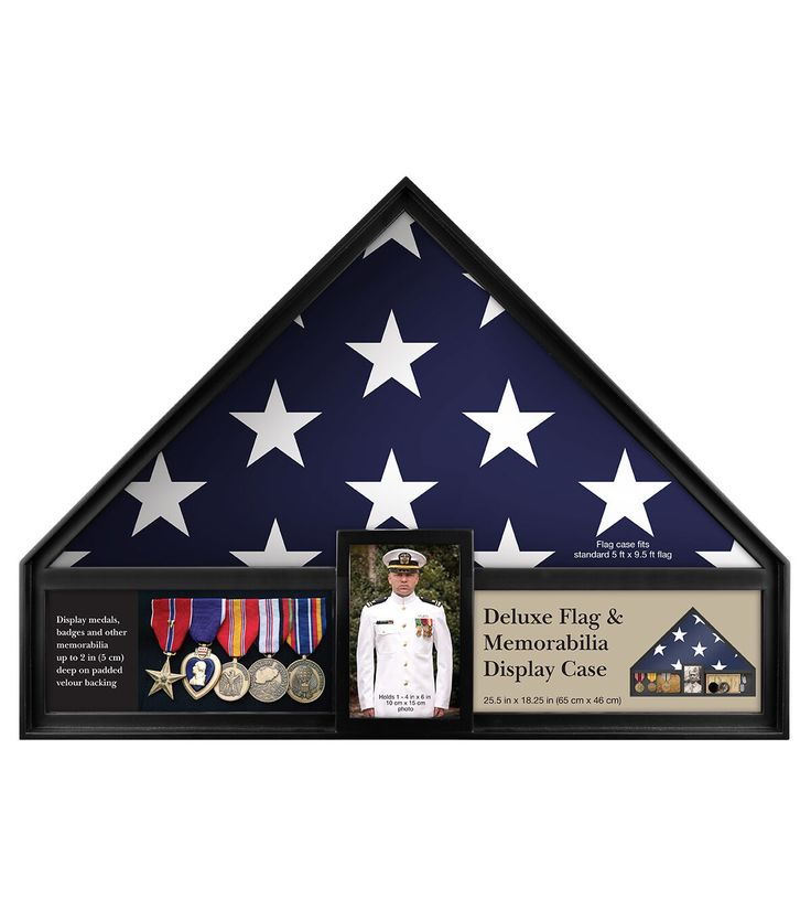 an american flag and medal display case with the image of a navy man in uniform