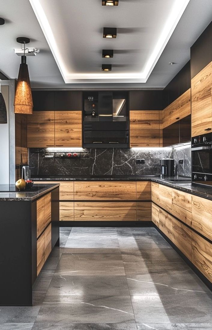 a large kitchen with wooden cabinets and black counter tops, along with marble flooring