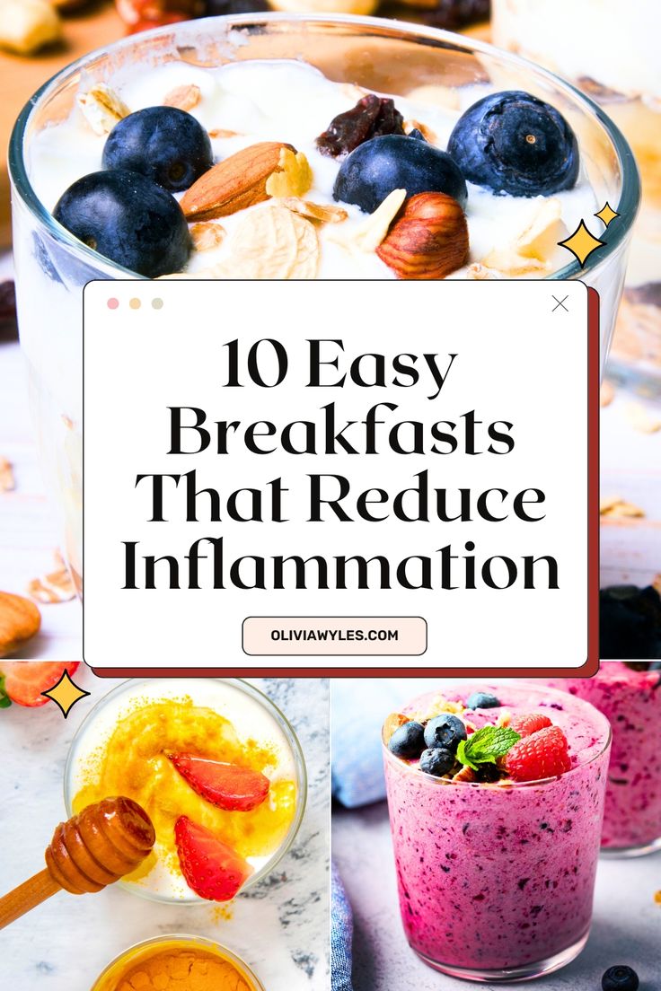 10 Quick & Easy Anti-Inflammatory Breakfast Ideas | Recipes That'll Reduce Inflammation | Looking for quick and easy breakfast ideas that help fight inflammation? These 10 anti-inflammatory breakfasts are packed with nutrient-dense ingredients like turmeric, ginger, berries, and avocado. Perfect for busy mornings, these recipes will nourish your body and keep you feeling energized all day. Pin now and start your day with a healthy, delicious meal! Flaxseed Breakfast Recipes, Healthy Non Inflammatory Breakfast, Inflammation Reducing Foods, Breakfast For Liver Health, Meals To Reduce Inflammation, Reduce Inflammation Recipes, Anti Inflammation Diet High Protein, Delicious Anti Inflammation Recipes, Decrease Inflammation Fast