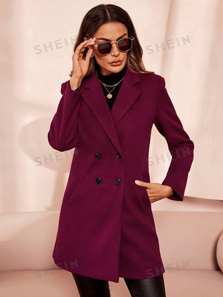 Double Breasted Overcoat, Red Violet, Women Overcoat, Wool Peacoat, Green Coat, Woolen Coat, Work Jackets, Inspiration Mode, Outerwear Coats