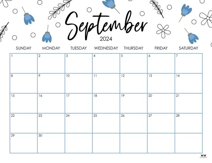 a calendar with blue flowers on it and the word september in black ink, is shown