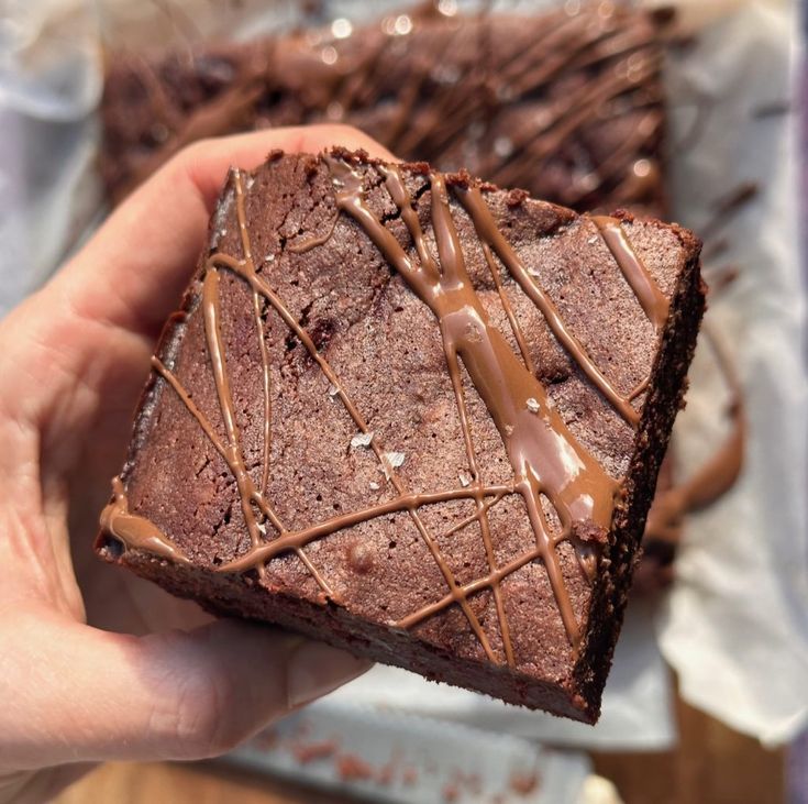 a hand holding a piece of chocolate brownie