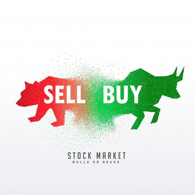 the word sell buy painted in red and green colors with two bulls on it stock photo ©