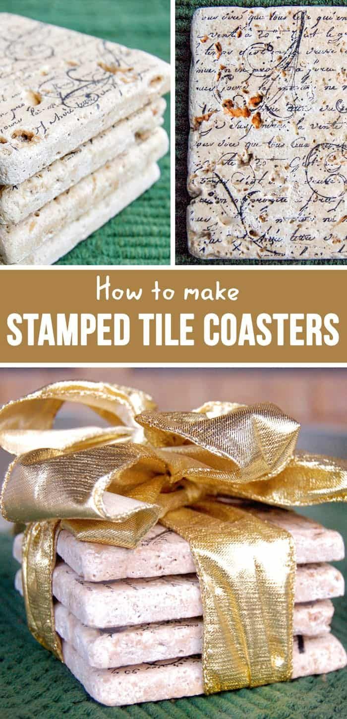 how to make stamped tile coasters with gold ribbon