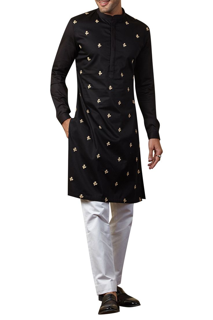 Black hued all over butti work kurta paired with white trousers.
Components: 2
Neckline: Mandarin collar
Sleeve Length: Full sleeves
Fabric: Cotton satin
Color: Black,white
Kurta: thread embroidery
Closure: kurta: Hidden button placket - Aza Fashions Neeta Lulla, Kurta Set For Men, White Kurta, White Trousers, Nehru Jackets, Satin Color, Bandana Print, Kurta Set, Designer Gowns