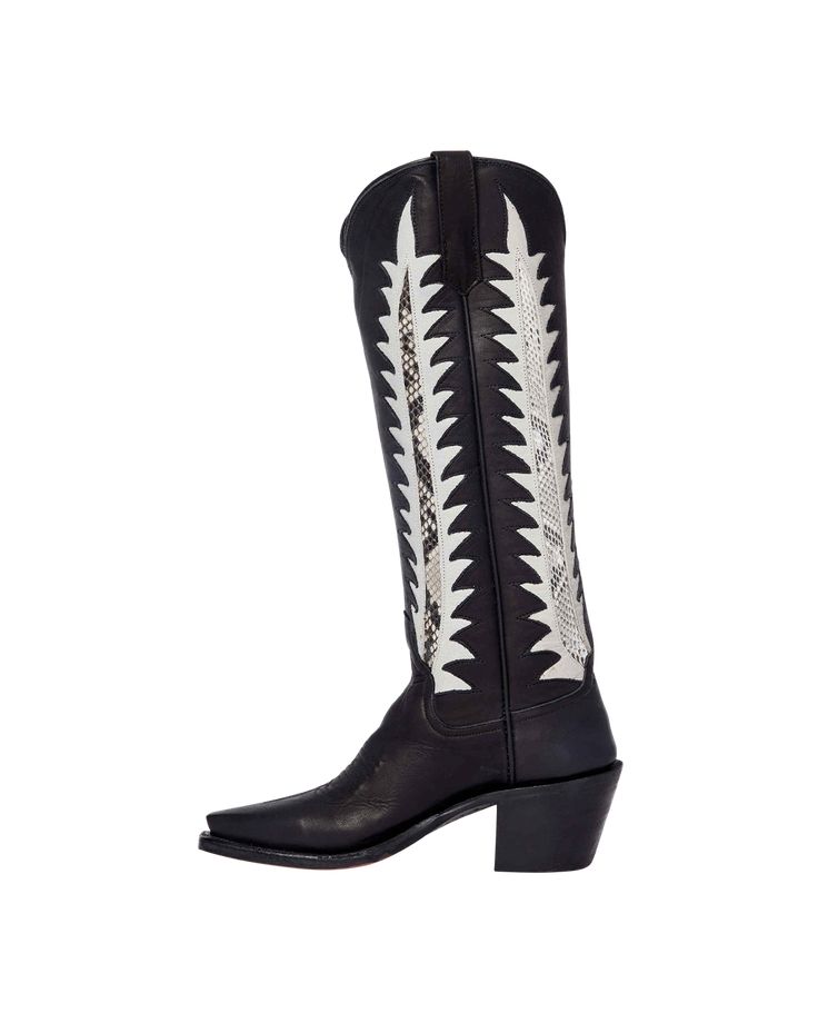 Elevate your style to new heights and effortlessly add a touch of chic to any outfit with our captivating, extra-tall Kate cowboy boots. Inspired by our longstanding love of vintage boots, these harken back to traditional designs, reimagined and elongated to be wildly flattering on the leg. The black leather vamps and color-blocked shaft uppers adorned with jagged, graphic palm leaves make these wear-everywhere boots feel a little rock 'n roll. This boot is part of MC Personalization and can cus Miron Crosby, Women's Cowboy Boots, Black Luxury, Luxury Women Fashion, Cowboy Boots Women, Vintage Boots, Cowboy Boot, Palm Leaf, Black 7