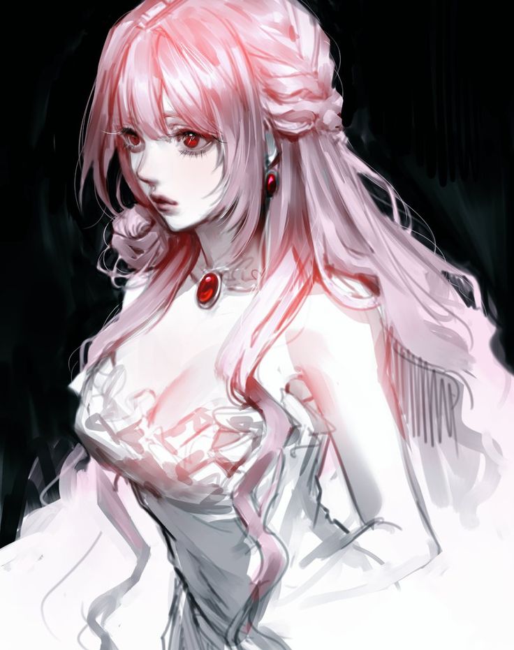 a drawing of a woman with long pink hair and red eyes wearing a white dress