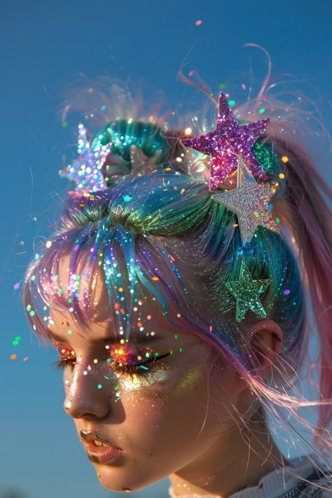 Cosmic Festival Outfit, Galaxy Festival Outfit, Colorful Festival Hair, Out Of This World Hairstyles, Festival Hair Space Buns, Space Buns Festival, Festival Day Outfits, 90s Neon Cosmic Carnival, Project Glow Festival Outfits