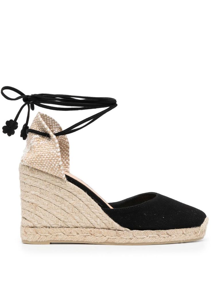 Carina 95mm wedge espadrilles from Castañer featuring black, calf suede, calf leather, round toe, rear lace-up fastening, rubber sole and high wedge heel. Castaner Wedges, Spring Brown Closed-toe Espadrilles, Brown Espadrille Slip-on Sandals, Natural Leather Open-toe Espadrilles, Brown Slip-on Espadrilles With Woven Sole, High Wedges, Wedge Espadrilles, Curator Style, Wedge Heels