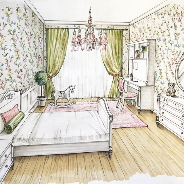 a drawing of a bedroom with flowers on the walls and furniture in the room,