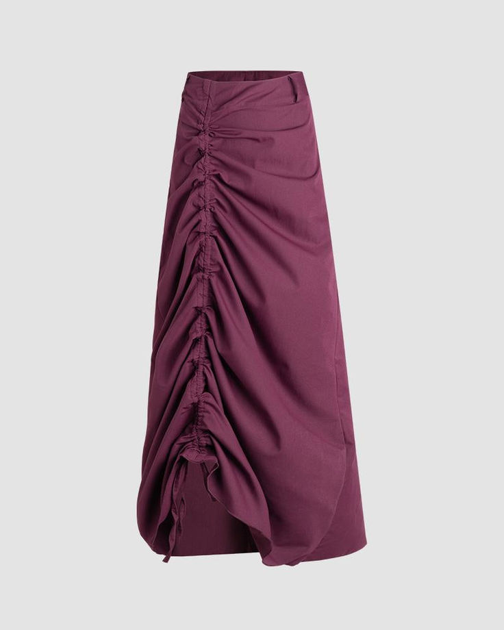 Details: Purple long skirt with ruched designBottom Length: LongMaterials:95% Polyester + 5% Spandex Cotton Ruched Skirted Bottoms, Asymmetrical Stretch Maxi Skirt With Ruched Details, Ruched Midi Maxi Skirt, Ruched Flowy Midi Maxi Skirt, Casual Ruched Long Maxi Skirt, Ruched Asymmetrical Stretch Maxi Skirt, Stretch Ruched Asymmetrical Maxi Skirt, Fitted Ruched Cotton Skirt, Solid Ruched Midi Skirt